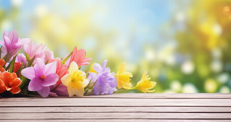 Fondo natural floral de primavera con una tabla de madera en primer plano y flores desenfocadas y un campo  detras