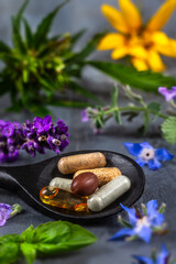 Holistic medicine approach. Healthy food eating, dietary supplements, healing herbs and flowers. lavender, spirulina powder in wooden spoons, fresh omega acid capsules.