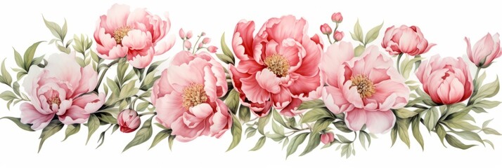 Bouquet of beautiful soft pink peony flowers on white background, watercolor illustration