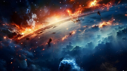 Fototapeta na wymiar Deep blue space background filled with nebulae and myriads of stars,Ai