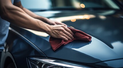 A man Leaning car with microfiber cloth, car detailing concept. Image for Advertising, Banner, Magazines, Car Business