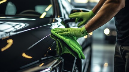 A man Leaning car with microfiber cloth, car detailing concept. Image for Advertising, Banner, Magazines, Car Business - obrazy, fototapety, plakaty