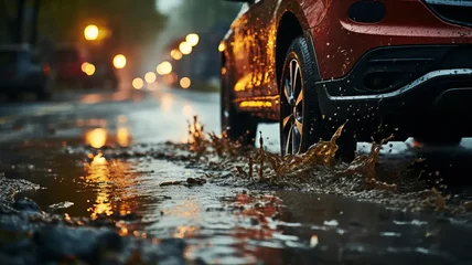 Foto op Aluminium Rainy city street full of water puddles with illuminated vehicles driving through water © senadesign