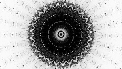 Ink mandala. Round kaleidoscope. Black paint circle symmetrical geometric design on white free space art illustration abstract background.