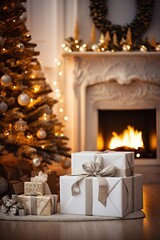 Fototapeta na wymiar White box with a Christmas theme and a fireplace in the background with a Christmas tree, Image for advertising, Banner, Magazines