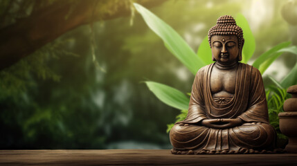 Buddha statue on green background, space for text, meditation concept, still life in Spa