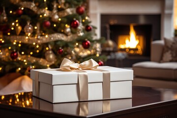 White box with a Christmas theme and a fireplace in the background with a Christmas tree, Image for advertising, Banner, Magazines