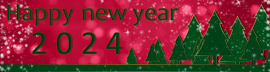 Eve 2024 New Year winter Holiday, greeting card, bokeh, night, december. Green Christmas tree on the red background. Design, panoramic banner. - 687596525