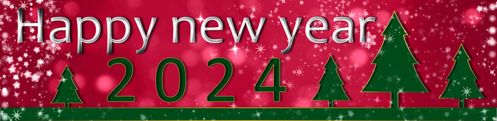 Eve 2024 New Year winter Holiday, greeting card, bokeh, night, december. Green Christmas tree on the red background. Design, panoramic banner. - 687596532