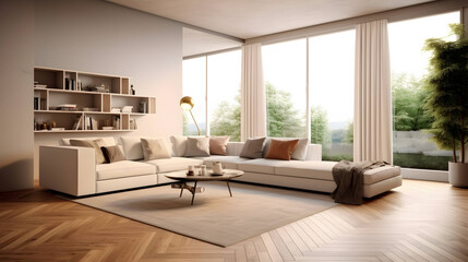 Open space, white living room interior with a big rug on dark, hardwood floor and a beige corner sofa with cushions concept,Generative Ai