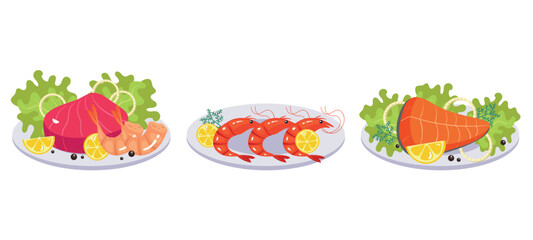 Seafood food dish plate sea meat kitchen isolated set. Vector flat graphic design illustration
