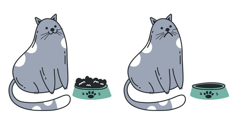 Full of food and empty animal pet bowl concept. Vector flat graphic design illustration
