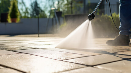  using a pressure washer to clean an outdoor surface - obrazy, fototapety, plakaty