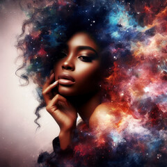 abstract portrait of a woman double exposure with a colorful digital paint splash or space nebula. ai generative