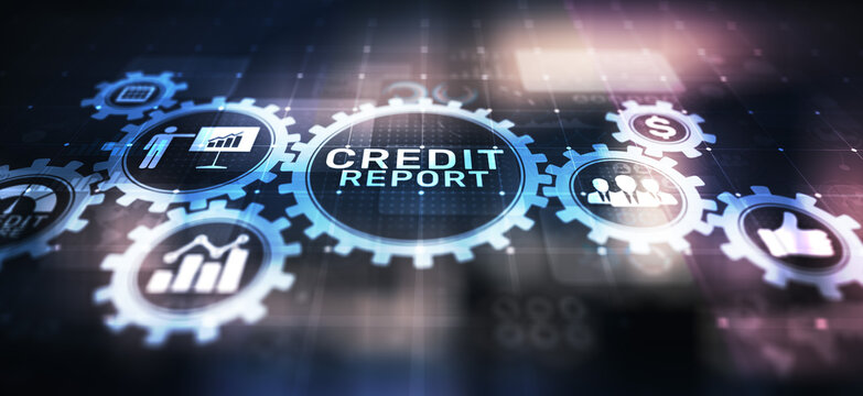 Credit report score button on virtual screen. Business Finance concept.