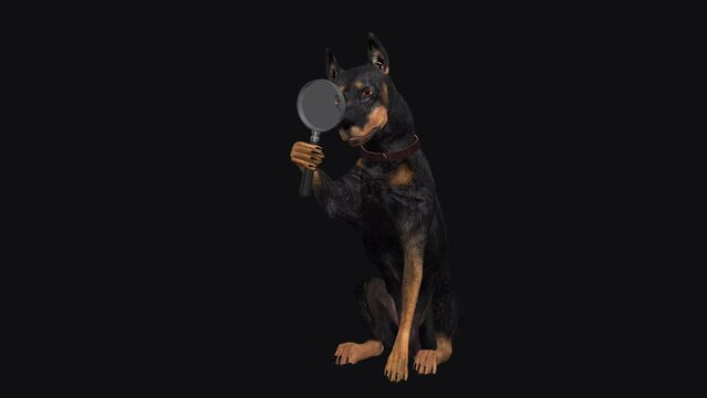 Doberman Pinscher Dog with Magnifying Glass - Searching Loop - Side Angle View LS - II -  Realistic 3D model animation with alpha channel isolated on transparent background