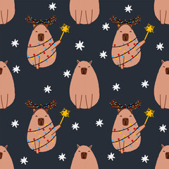 Capybara in a garland seamless pattern. Cute New Year background for fabric, wrapping paper, textile vector illustration