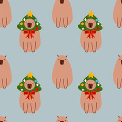Capybara in a garland with Christmas tree seamless pattern. Cute New Year background for fabric, wrapping paper, textile vector illustration