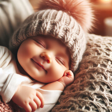 Happy baby dreamy nap time in a warm woolen hat. Cute newborn concept. ai generative