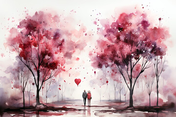 Valentines Day pink watercolor landscape background. Ai generative art - obrazy, fototapety, plakaty