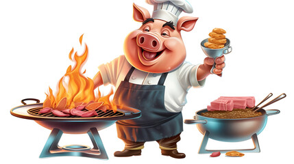 100 scaleable  image of scartoon pig chef bbq grill cooking,Generative Ai