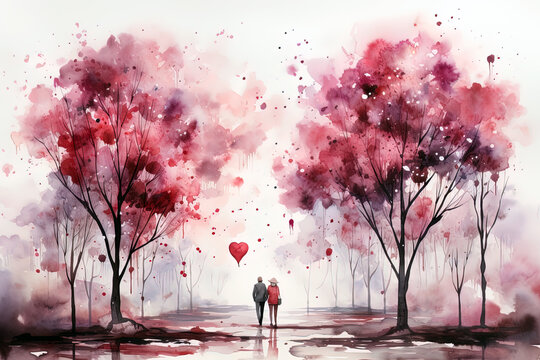 Valentines Day pink watercolor landscape background. Ai generative art