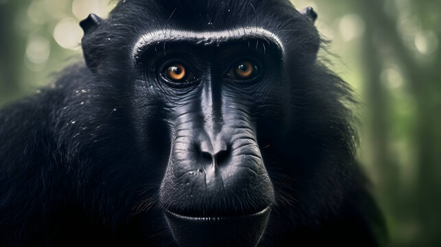 Celebes crested Macaque, Macaca nigra, black monkey, detail portrait, sitting in the nature habitat, dark tropical forest, wildlife Asia,Generative Ai