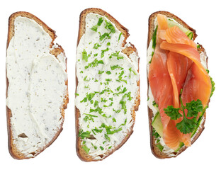 Smoked salmon avocado rye sandwich on a white isolated background.