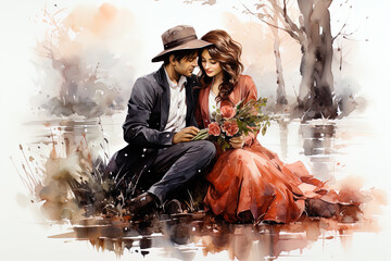 Watercolor Love couple. Valentines Day pink background. Ai generative art - obrazy, fototapety, plakaty