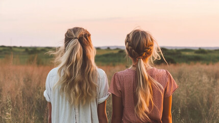 Back view of a two best friend girls wearing casual wear and walking in nature  - obrazy, fototapety, plakaty