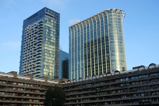 High rise office developments at CityPoint and Ropemaker Place rising above the Barbican Estate, London