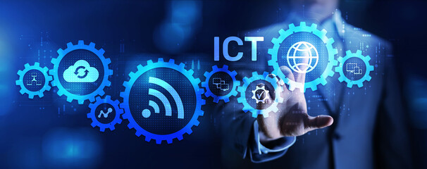 ICT Information communication technology internet concept on virtual screen.