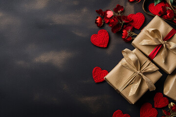 Dark Valentine's Day Background with Gifts, Hearts and Space for Text