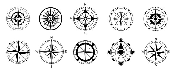 Compass set. Marine wind roses clipart. Navigation icons, nautical monochrome compasses for navigational service, decent vector symbols