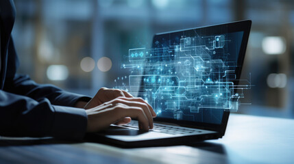 Person is using a laptop with a futuristic blue cyber network graphic overlay