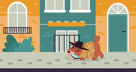 Animal detective in city. Cartoon dog looking evident and smell criminal character at footprints. Police puppy investigation, nowaday vector scene - obrazy, fototapety, plakaty