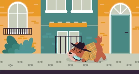 Poster Animal detective in city. Cartoon dog looking evident and smell criminal character at footprints. Police puppy investigation, nowaday vector scene © MicroOne