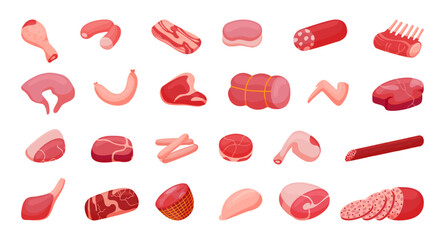 Meat and sausage cartoon fresh farm goods. Butchery shop or steakhouse menu food, meats market. Isolated bbq raw ingredients neoteric vector set