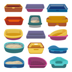 Cat tray set. Pets sandboxes, isolated cartoon toilets for kittens. Litter box icons, pet shop goods for hygiene and clean. Animals items neoteric vector clipart