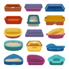 Foto op Plexiglas Cat tray set. Pets sandboxes, isolated cartoon toilets for kittens. Litter box icons, pet shop goods for hygiene and clean. Animals items neoteric vector clipart © MicroOne