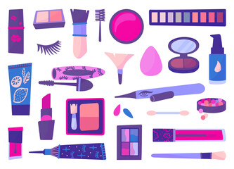 Makeup tools and cosmetics. Mascara and shadows, cream tube and lipstick. Sponge and brushes, isolated care and beauty neoteric vector clipart