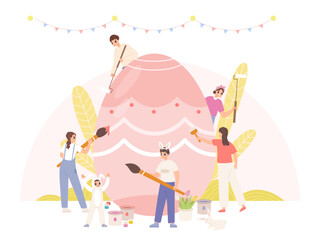 People painting easter egg together. Draw spring holidays symbol, family or friends prepare to easter celebrating. Snugly festive vector scene