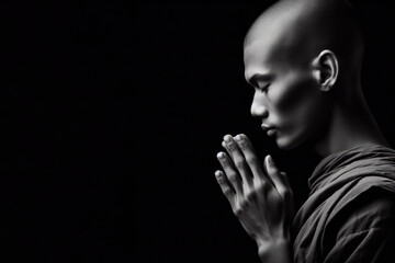 praying monk on solid black background. ai generative