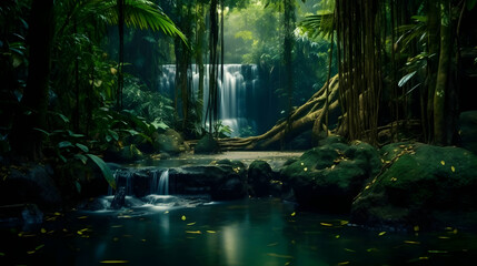 Mystery night at deep tropical rain forest with flowing cascade waterfall. Fantasy jangle landscape,Generative Ai - obrazy, fototapety, plakaty