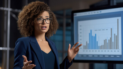 Woman with curly hair and glasses pointing towards a data chart on a screen, giving a business presentation or analysis.