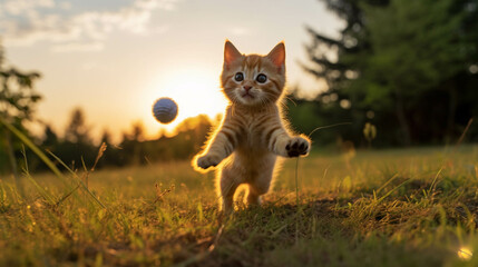 Little red cute kitten leaping through the air while chasing a ball on the country field