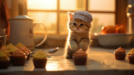 kitten in a chef hat on kitchen table baking cupcake. golden light
