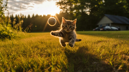 Little kitten leaping through the air while chasing a ball on the country field in the sun light