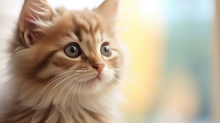 The kitten is sitting against a soft, blurred background, and its expressive face conveys innocence and charm. calm atmosphere, deliicate blue, orange and yellow lights.