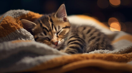 Cute sleeping kitten curled up in a cozy brown blanket. Good dreams, good night, healthy sleeping.